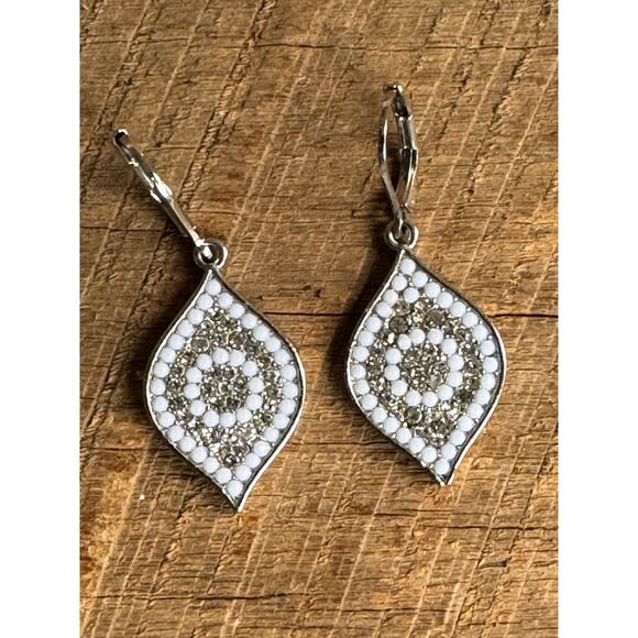 White Boho Drop Earrings Silver Tone Mosaic Beaded Design - Picture 1 of 5